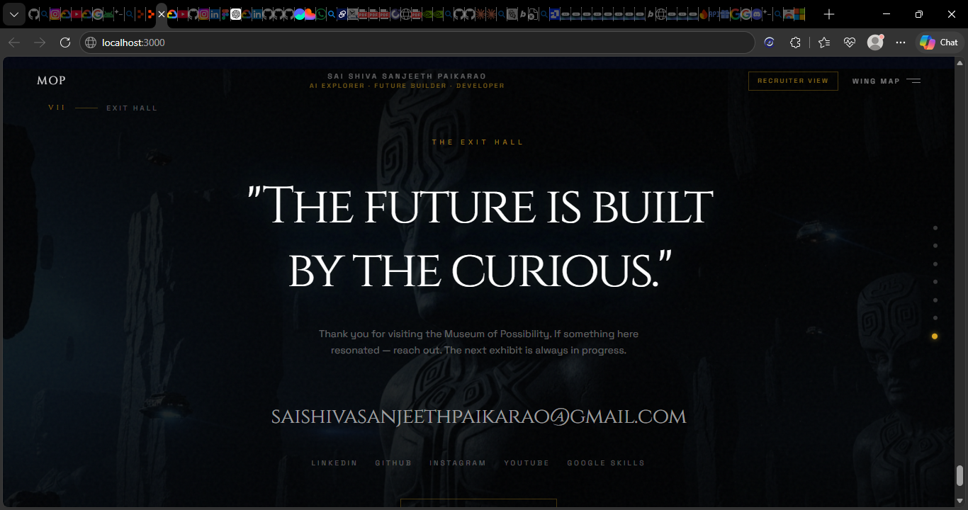 Moody portfolio closing section with a large quote and contact details