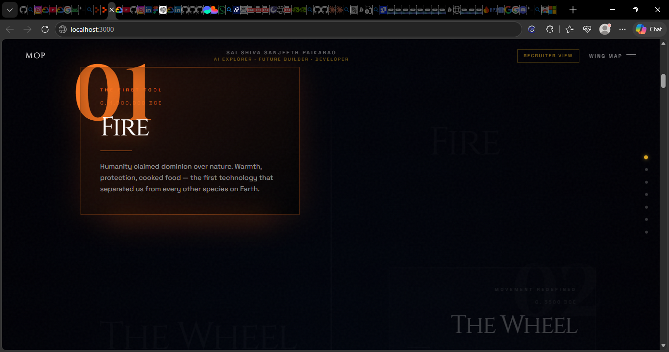 Dark storytelling portfolio section featuring a highlighted exhibit card