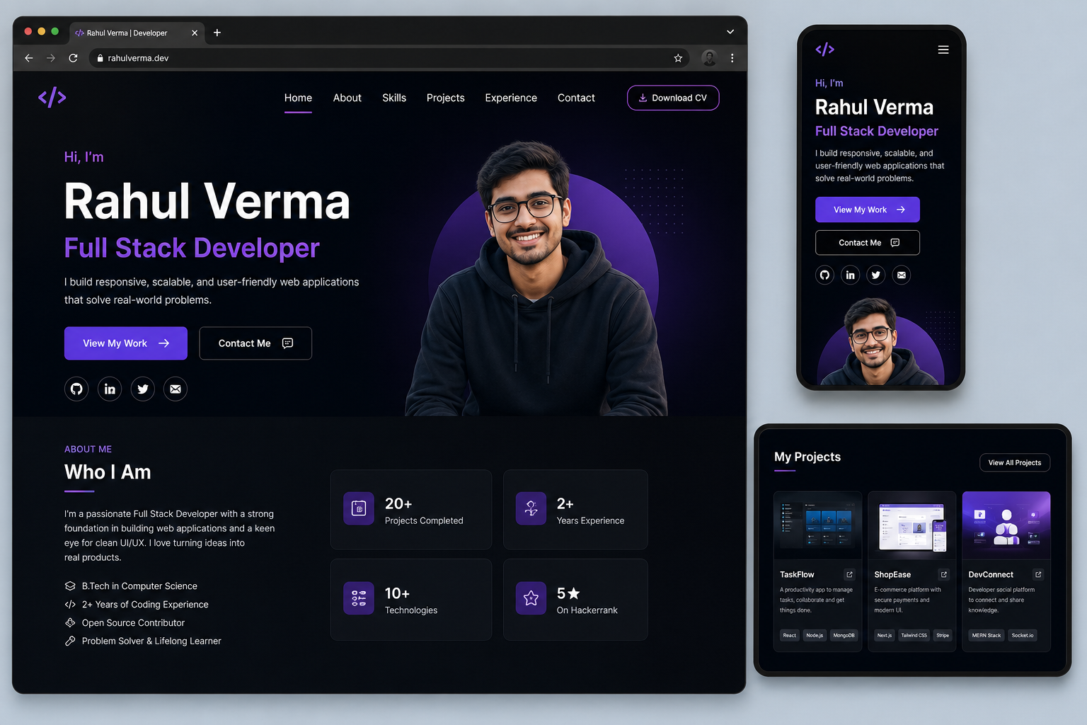 Developer portfolio shown on desktop and mobile devices
