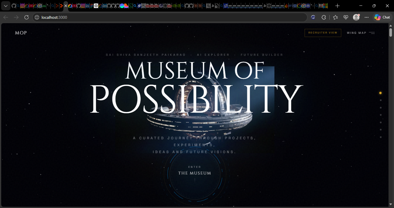 Dark cinematic portfolio landing page with a museum-style headline